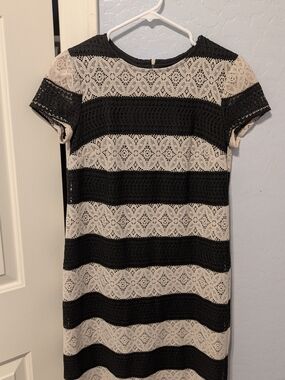 London Times Black and Cream Lace-Striped Midi Dress